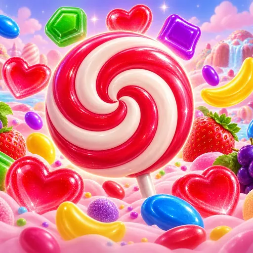Sweet Bonanza pokie cover art with sweets and fruit symbols