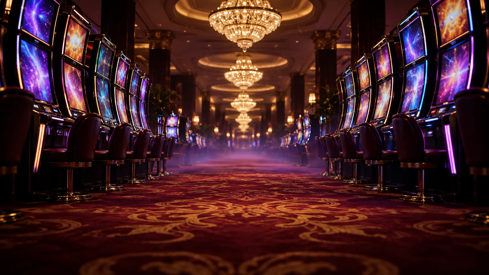 Empty luxury casino gaming floor lit in warm gold tones