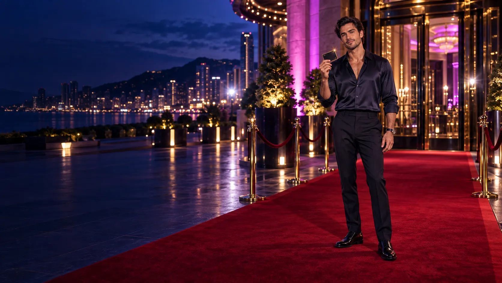 A man holds up a VIP keycard at a red carpet casino entrance