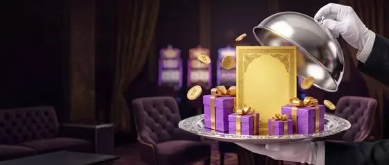White-gloved attendant presenting a welcome bonus reveal at Here2Win Casino