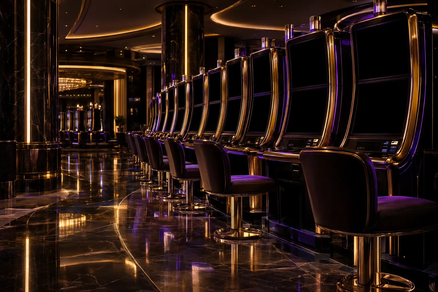 Rows of glowing pokie cabinets lined up across a casino floor