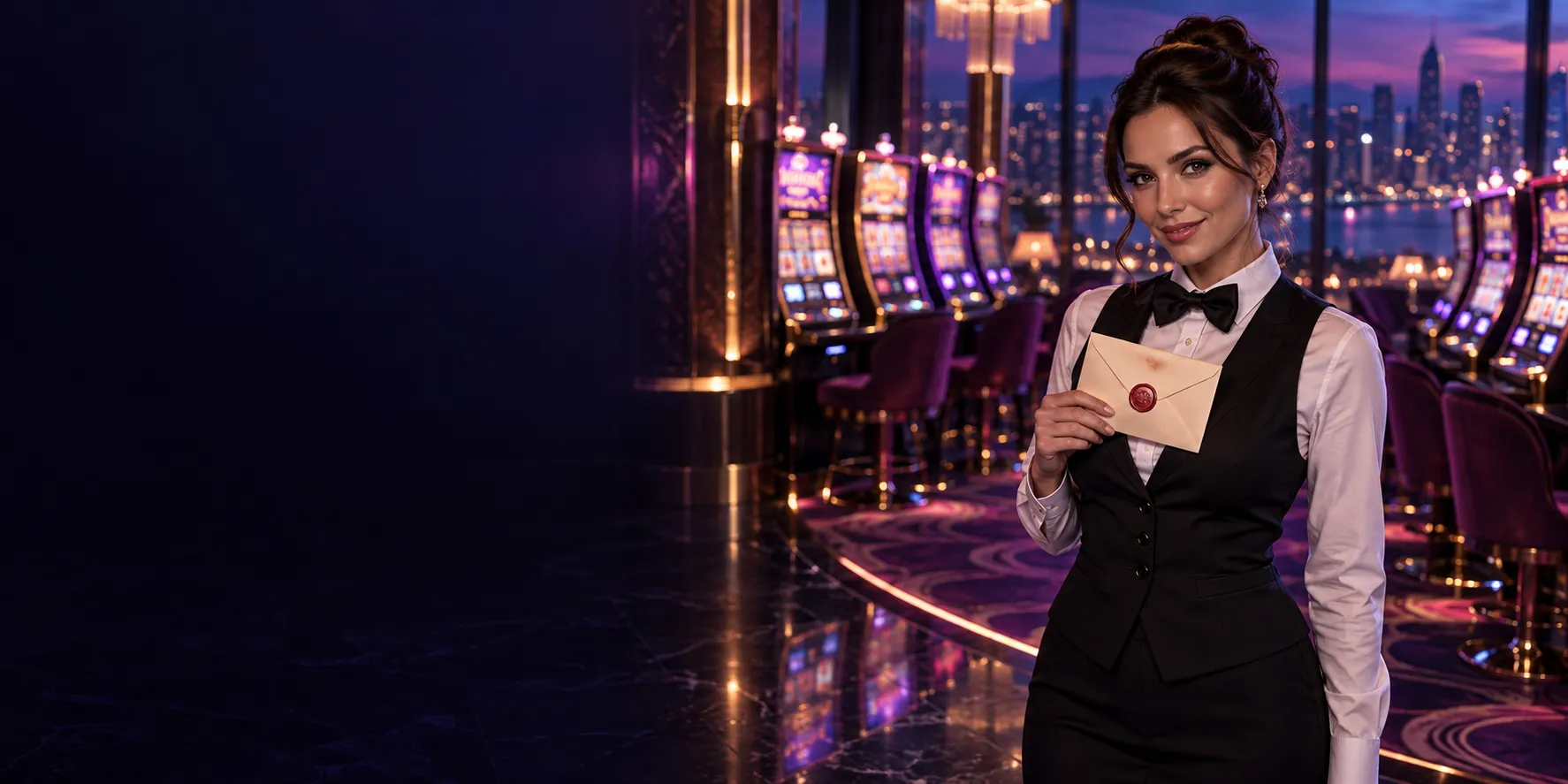 Croupier holding a sealed envelope on a glowing slot machine floor