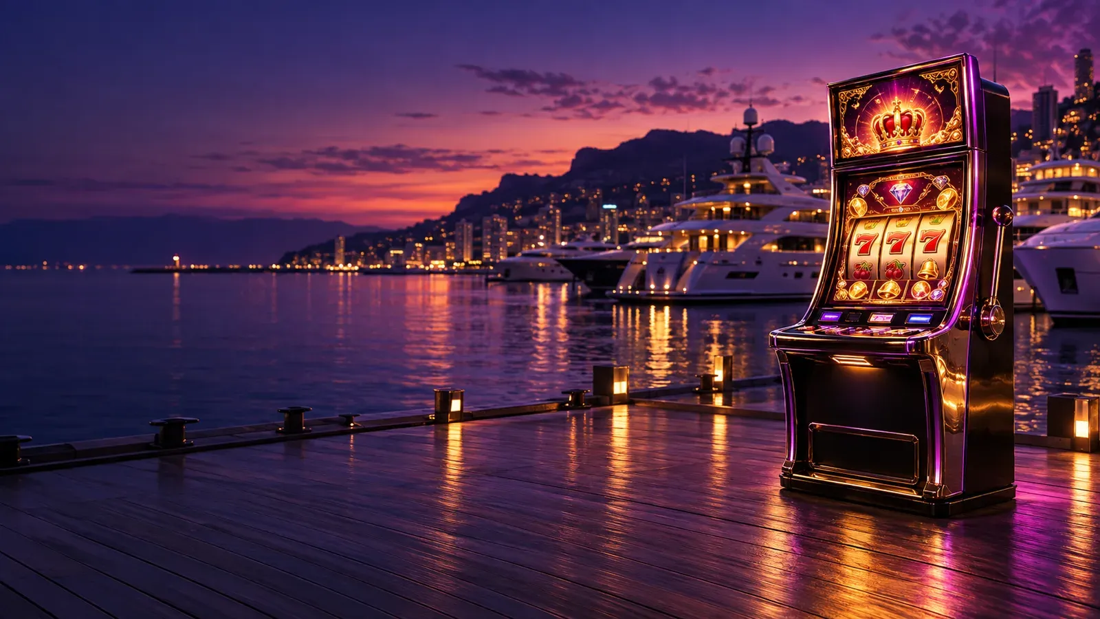 Glowing jackpot pokie machine lit up on a marina boardwalk at golden hour