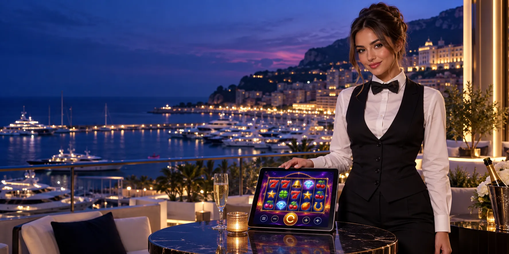 Croupier resting a hand on a tablet showing a slot game on a riviera yacht terrace