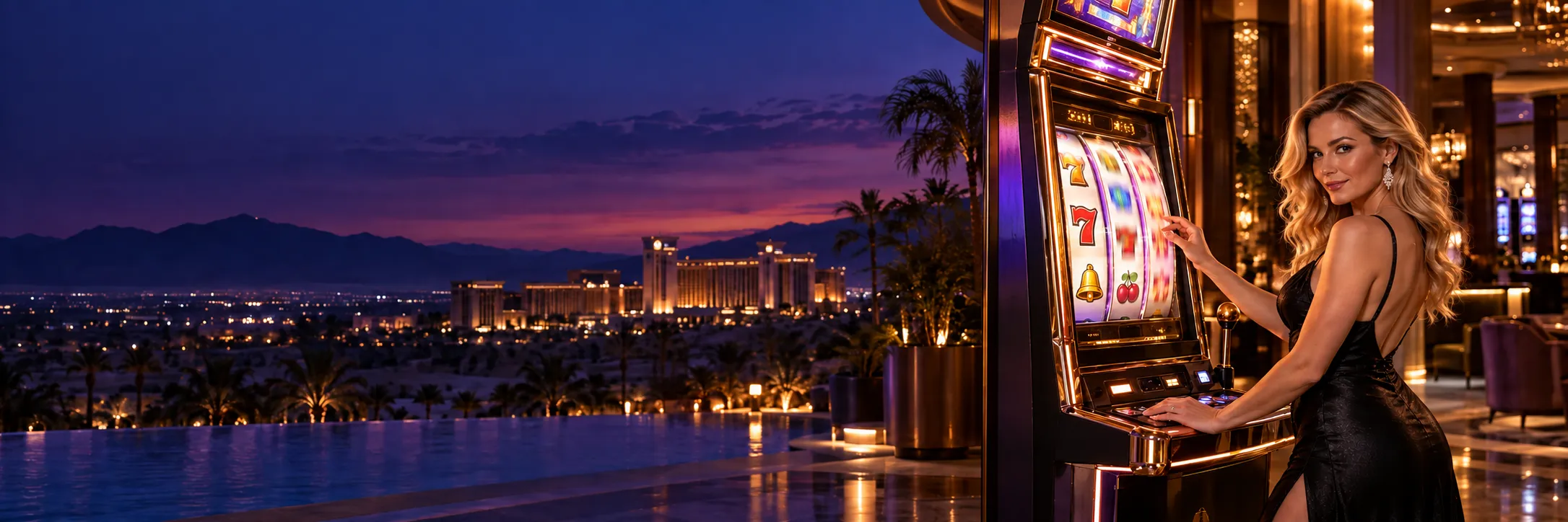 Woman beside a glowing pokie machine at a desert resort casino at twilight