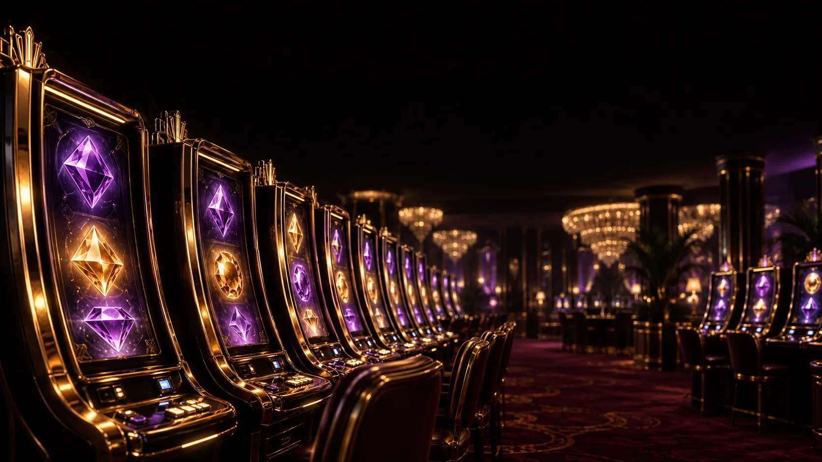 A row of glowing pokie cabinets lit up in a dim casino hall