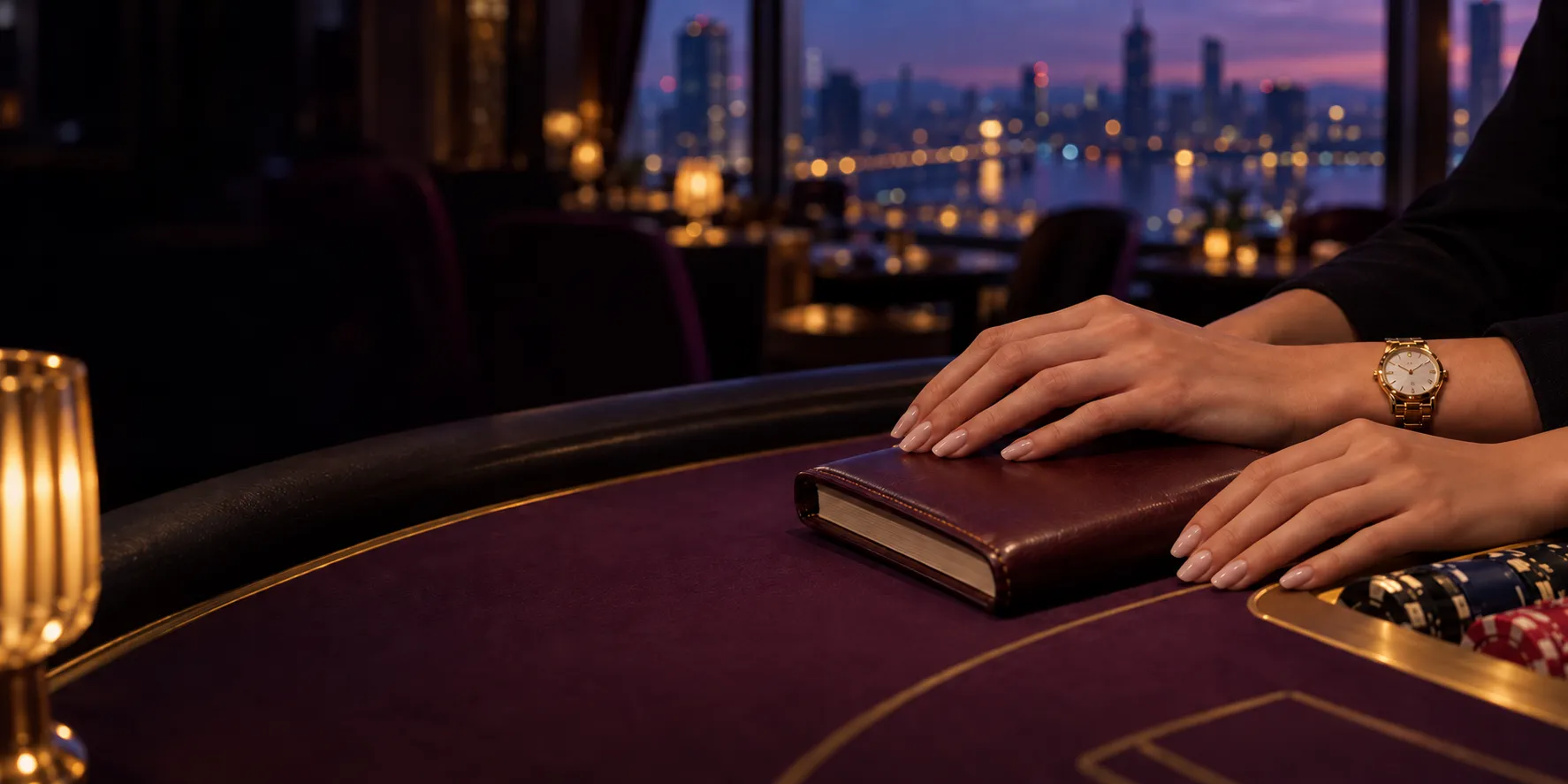 Close-up of hands resting on a closed leather diary at a blackjack pit