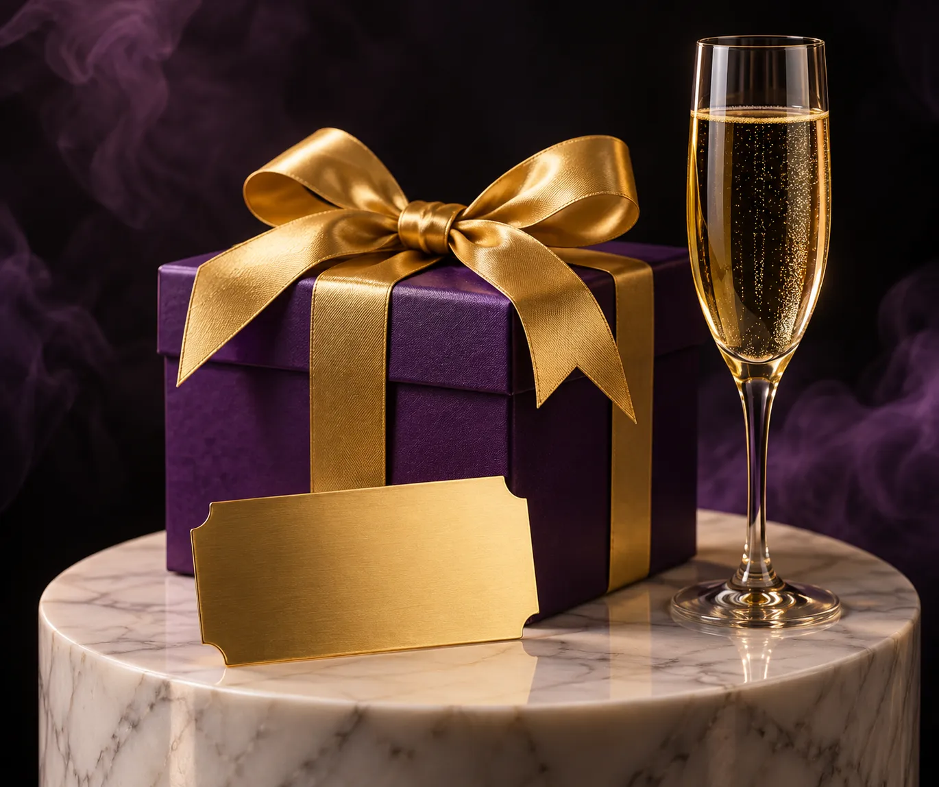 A pedestal display holding a wrapped gift and a raffle-style ticket