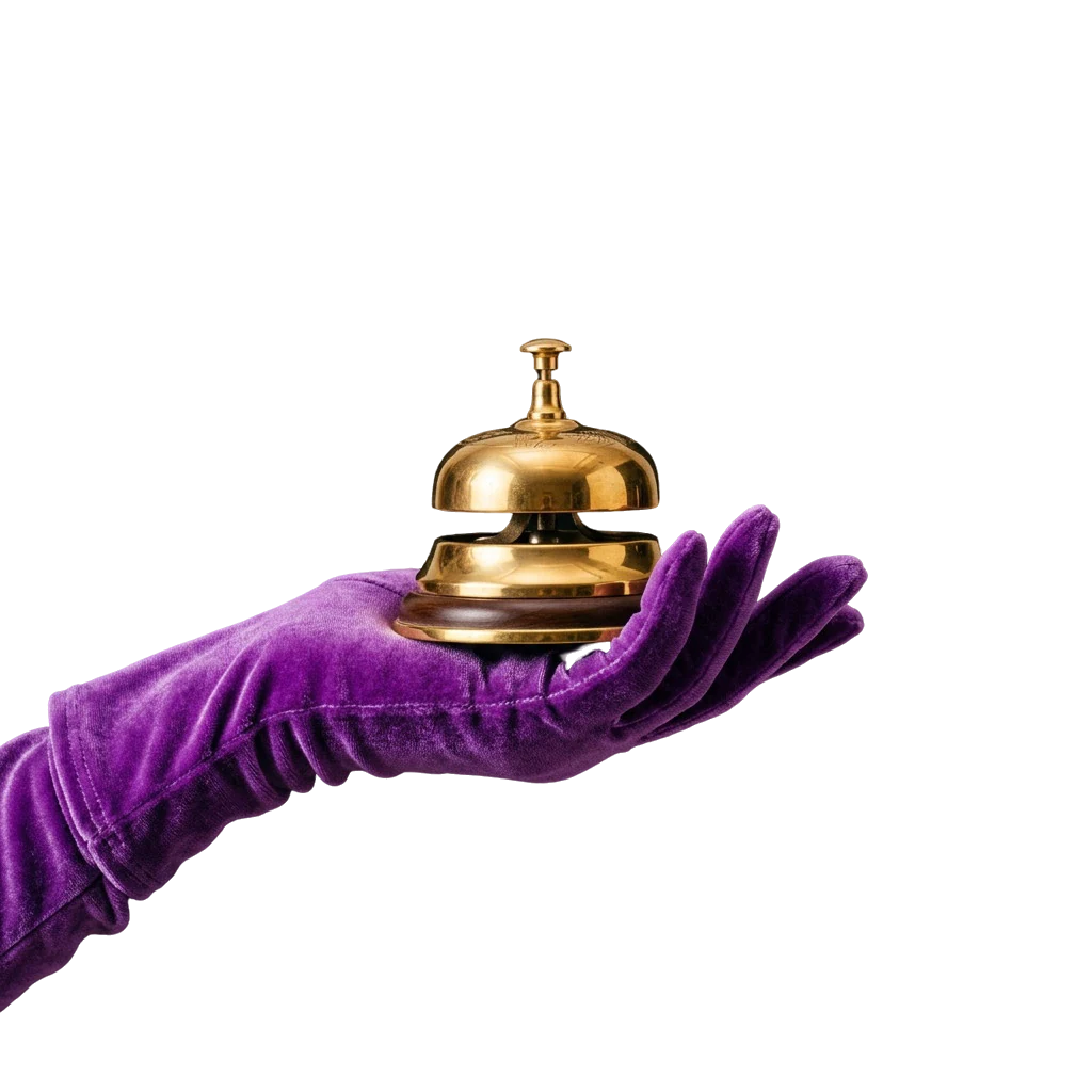 Purple-gloved hand ringing a gold service bell for casino support