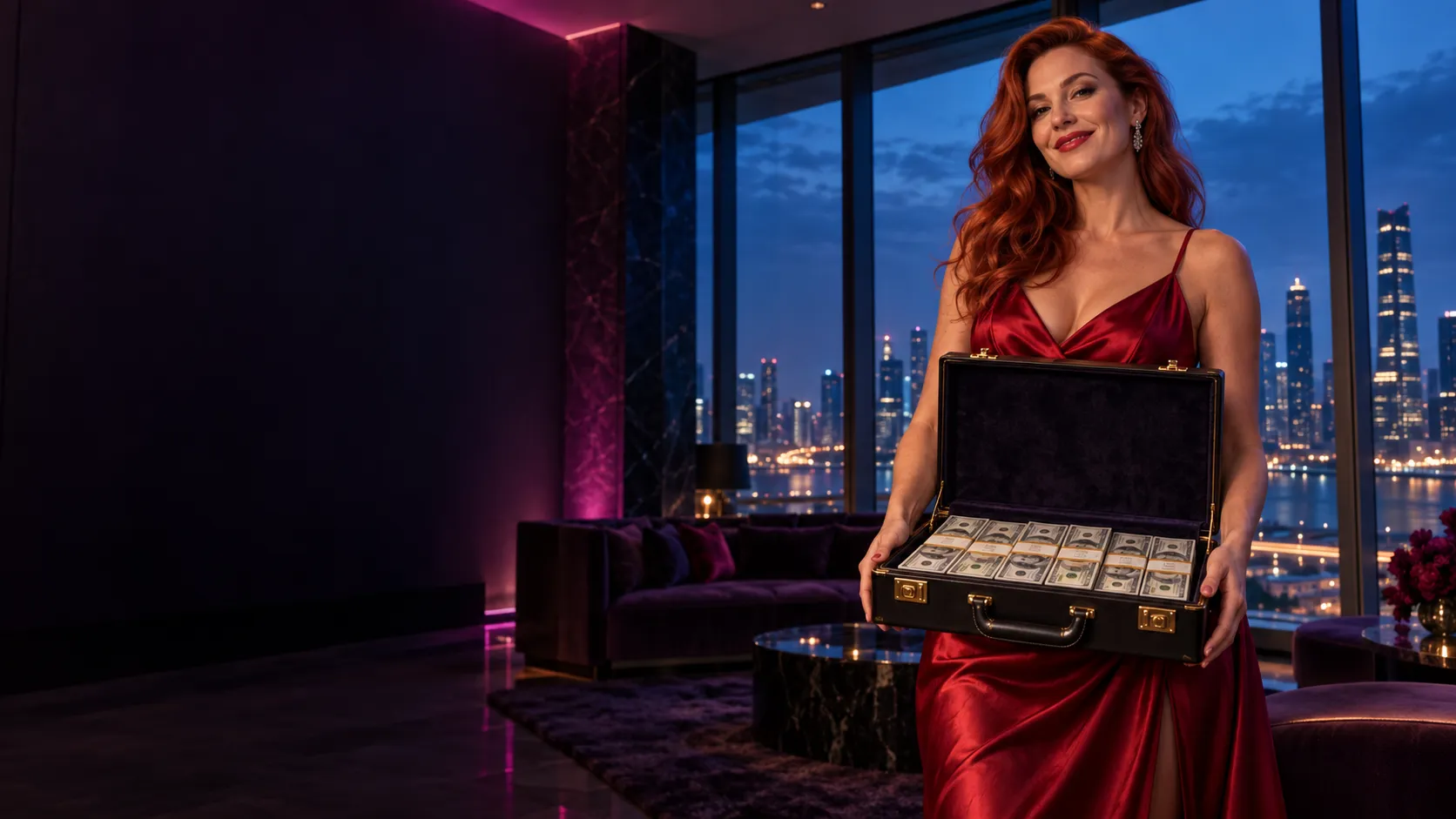Woman holding a briefcase of banknotes in a penthouse suite at night