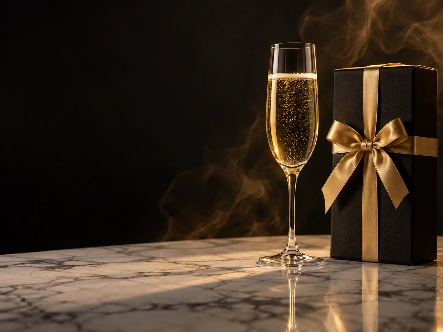A glass of champagne beside casino chips on a marble table